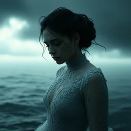 cinestill 5 0 d panorama of a woman by roversi, gloomy, pain, sad, intricate, elegant, sharp focus, artstation, dress in lace in a dystopian stormy seascape, pale dark matte, sharp focus, illustration, octane render, unreal engine, art by roberto ferri greg rutkowski, epic fantasy, digital photo art