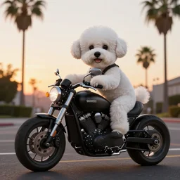 a photorealistic image of bichon frise riding a black motorcycle in Hollywood at sundown. Palm trees in the background. This 4K HD image is Trending on Artstation, featured on Behance, well-rendered, extra crisp, features intricate detail and the style of Unreal Engine.