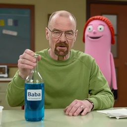 “Walter White from breaking bad trying his legendary blue meth while Jessie Pinkman is laughing behind him with pink skin”