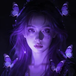 closeup portrait of an ethereal person made of purple light, divine, surrounded by butterflies, dark high-contrast concept art, trending on Artstation