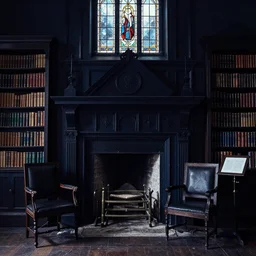 Big dark victorian hall with two chairs and fireplace. Stained-glass above, bookshelves, artstation, dark light. dark blue color scheme