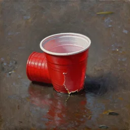 a single crushed red plastic cup on wet sidewalk as a classical painting, oil painting, epic lighting, dramatic composition