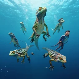 Floating fantasy lizards over a blue ocean, Darek Zabrocki, Karlkka, Jayison Devadas, Phuoc Quan, trending on Artstation, 8K, ultra wide angle, pincushion lens effect.