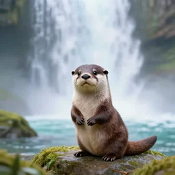 A cute otter playing in front of a huge ethereal waterfall by greg staples and Thomas kinkade, ultra detailed