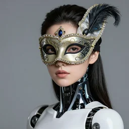 A portrait of a beautiful female cyborg wearing an intricate venetian mask by Alphonse Mucha, exposed inner structure, glowing eyes, art nouveau card, wlop, trending on artstation