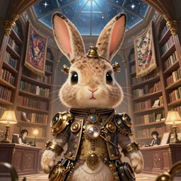 cute steampunk rabbit with a polygonal library walls and glass ceilings showing the stars and hanging silk drapery and tapestries, light dust, magnificent, close up, details, sharp focus, elegant, highly detailed, illustration, by Jordan Grimmer and greg rutkowski and PiNe(パイネ) and 薯子Imoko and 香川悠作 and wlop and maya takamura, intricate, beautiful, Trending artstation, pixiv, digital Art