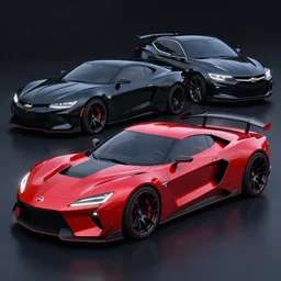 a sports car based on nissan and chevy sports car body styles, nissan sports cars, chevy sports cars, red and black paint, trending on artstation, unreal engine, sport car concept, concept art, by jon sibal and khyzyl saleem