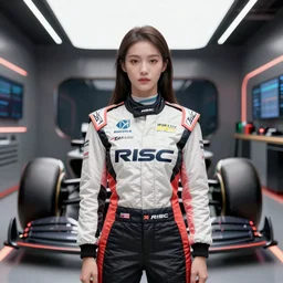 portrait beautiful asian female formula one racer, wearing formula one racer uniform, at formula one racing car repair room, ssci-fi, fantasy, intricate, very very beautiful, elegant, human anatomy, neon light, highly detailed, digital painting, artstation, concept art, soft light, smooth, sharp focus, illustration, art  and details by Brook Shaden