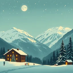 christmas in berchtesgaden, no lettering, limited neutral palette, by pascal campion, petros afshar, anton fadeev, dean ellis, randolph stanley hewton, beautiful graphic, propaganda poster art 1 9 7 0 s illustrated advertising art, painterly design, no font