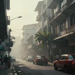 an intricate concept art illustration of an manila street foggy afternoon, anime style, fuzichoco color palette, no people, global illumination, digital art, photorealistic movie still, style ivan talavera and artgerm, hyper realistic, photorealistic, octane render, trending on artstation, cgsociety, cinematic light, 8 k