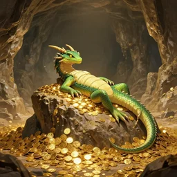 dragoness lizard dragon lounges on a hoard mountain of gold coins in a massive cave wide shot # anime # rendered # raycasting # vfx # photorealism cartoon illustration artwork detailed fantasy artstation