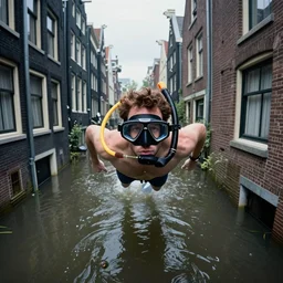 overhead shot of a man snorkeling underwater in between submerged amsterdam buildings after the flood, photograph, natural light, sharp, detailed face, magazine, press, photo, Steve McCurry, David Lazar, Canon, Nikon, focus
