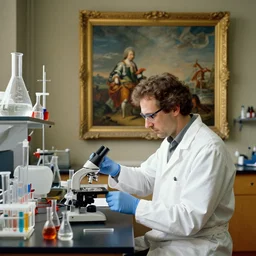 a scientist in a labratory baroque artwork