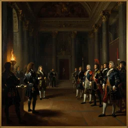 oil painting on wood. limited color palette. 1 8 9 6. a view inside the majestic court of the prussian king the great elector. and the soldier king. and frederick the great herbert james draper, sir lawrence alma - tadema, john william godward. epitome of baroque. gloomy atmosphere. lit by flame. chiaroscuro. cinematic criterion composition by kurosawa, kubrick. tricks of illusion ambient occlusion. dark shadows.