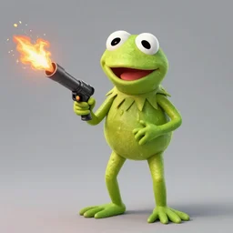 ultra-detailed, HD semirealistic CG concept art digital painting of Kermit the Frog holding a flamethrower in front of a burning vietnamese rice paddy, ArtStation, by Huang Guangjian, Fenghua Zhong, Ruan Jia, Xin Jin and Wei Chang.