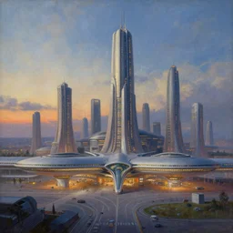 a beautiful matte painting by wadim kashin, science - fiction, city, airport, towers, evening, artstation