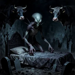 demonic alien with long fingers at the foot of the bed in a dark room surrounded by tombstones and floating cows, Beksinski