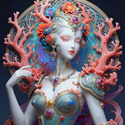 portrait of an absurdly beautiful, graceful, sophisticated, fashionable cyberpunk mechanoid, hyperdetailed illustration by irakli nadar and alexandre ferra, volumetric lighting, celtic fantasy art, psychedelic, intricate, hyper detailed, smooth, vibrant aura, intricate linework, white porcelain skin, faberge, coral