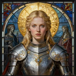 masterpiece head-on symmetrical centered painted portrait, Imogen Poots as a warrior paladin, blonde hair, golden halo, ornate iron armour, stained glass style, elegant, distant, in the style of Edgar Maxence and Ross Tran and Zdzisław Beksiński and Michael Whelan and Anna Podedworna and gustav dore and H.R. Giger, 8k, octane render