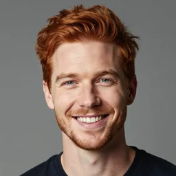 a portrait of a smiling man with ginger hair, by ross tran