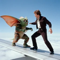 Young William Shatner fighting a gremlin on the wing of a plane, still from The Twilight Zone