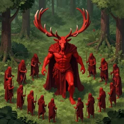 terrible red god with enormous antlers in the middle of the forest surrounded by his cultist worshippers, isometric perspective, in the style of hieronymus bosch