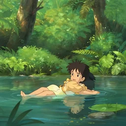 girl floating in a pond, surrounded by a lush jungle, sunny day, cell shaded, beautiful lighting, animation, ghibli, pixar, disney