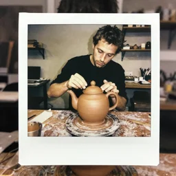 johnny vegas making a very large clay teapot, polaroid, art school, studio, photorealistic