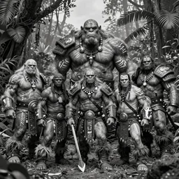 hyper realistic group vintage photograph of a live action warcraft orc warrior tribe in the jungle, tall, hulk like physique, detailed faces, tribal paint, tribal armor, grain, old, monochrome, wide angle