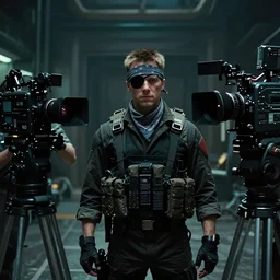 a wide angle movie still from alien 5 ( 2 0 1 5 ) by neil blomkamp showing michael biehn as solid snake wearing a bandanna and eye patch, sci - fi military and supernatural horror, uneasy and uncanny atmosphere, shot on celluloid with panavision cameras, panavision lenses | 3 5 mm film negative width | anamorphic projection format | edited by david crow