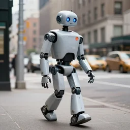 photograph of robie the robot walking in downtown manhatten