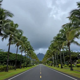 a road in hawai with palm trees on the sides with dark rainy beautiful clouds that are satiafying to the human heart