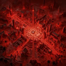 red - colored hellish las vegas as a fantasy medieval d & d rpg city battlemap, at night. superior quality, masterpiece.