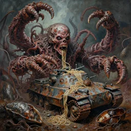 painting of varied filthy rugated yaw tendrils putrescent chrome noodles rusting battles in m 1 a 2 sep armored claws on mollusks panzers mucosal hyper detailed, cinematic, chaotic primordial horrors by vincente b ballestar, horror by francesco blanc, boris vallejo, terror by enric torres 1 9 7 2 & 1 9 7 3