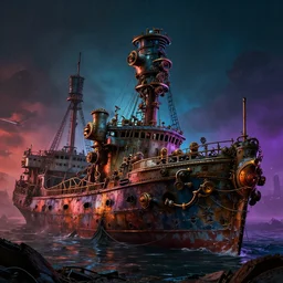 a destroyed ship, apocalyptic setting, fallout 5, steampunk, deep colors, studio lighting, cyberpunk