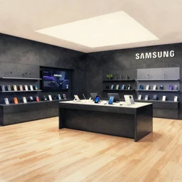 watercolor ink painting, artistic, masterful, atmospheric stylized lighting!!!!!!!!!! ( ( ( ( ( ( ( ( ( ( serious grounded balanced muted flagship samsung store, black walls. timber floor. low ceilings with spots. curved furniture, with large digital screen. display tables with phones and tablets, pots with plants, large digital screens on the walls ) ) ) ) ) ) ) ) ) )