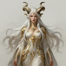 fullbody!! of a beautiful woman with long white hair, big natural horns on her head, long flowing intricate dress, gold jewellery, dnd, face, fantasy, intricate, elegant, highly detailed, digital painting, artstation, concept art, smooth, sharp focus, illustration, art by artgerm and greg rutkowski and alphonse mucha
