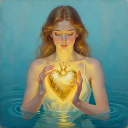 a painting of a woman holding a glowing golden heart in the water, ornate and intricate jewelry, cinematic lighting, gold foil, louvre contest winner, hyper detailed, storybook, 4 k octane render