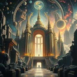 the futuristic temple of transcendence highly ornate, metaphysical utopia, stargate portal, parallax poster composition, 8 k highly detailed high contrast and sharp oil painting by marc simonetti and caspar david friedrich, trending on artstation