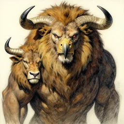 a mighty strong creature with the body and eyes of a man, with the beak of an eagle instead of nose, the mane of a lion, and the horns of an ox. drawn by boris valejo