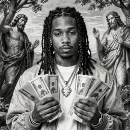 lil durk rapper holding stacks of cash, biblical image, style of gustave dore, highly detailed, beautiful, high contrast, black and white