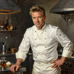 Gordon Ramsay wearing a chef uniform in a kitchen, oil painting, classicism style