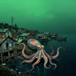 landscape view on an decaying fishing village at night, a humanoid octopus creature emerging from the ocean, night colors, high - key lighting, beautiful composition, intricate, gradient from green to black, pro photography by, highly detailed, digital painting, art by artgerm and greg rutkowski and alphonse mucha, smooth, sharp focus illustration