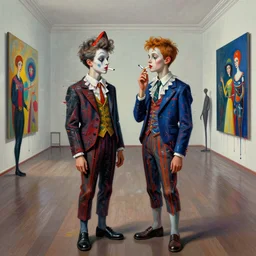 portrait of two morphed harlequins faced boys with cigarettes in a large room by and james jean and luc tuymans and vincent lefevre and hernan bas and pat steir and hilma af klint, digital paint, glitch, psychological, dripping paint, generative art, 8 k high quality render, altermodern, masterpiece