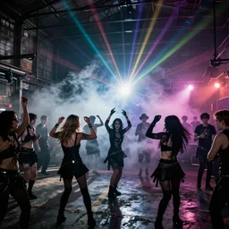 flash photography of goth and punks at a secret underground rave dance party in a warehouse by annie leibovitz, fog machines, colorful, light effects!!, nighttime!!,
