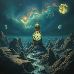 time by beeple, artgerm, salvador dali, bruce pennington, frank, stella, makoto shinkai, angus mckie, alex grey, don bluth, gediminas pranckevicius, chris moore, kaja foglio, andre masson, dr. suess, brian despain, chesley bonestell. symbolism, surrealism,