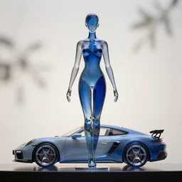 futuristic!! glass sculpture of a woman, sapphire, ( design by porsche!!!!! ), xf iq 4, 1 5 0 mp, 5 0 mm, f / 1. 4, iso 2 0 0, 1 / 1 6 0 s, natural light, octane render, macro shot, symmetrical balance, polarizing filter, sense of depth, ai enhanced