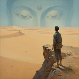 a surreal painting of a man reaching a cliff gazing off into the horizon where he sees buddahs eyes in the desert