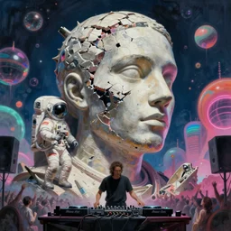 dj rave party, hyperrealistic surrealism, dreamscape, david friedrich, award winning masterpiece with incredible details, zhang kechun, a surreal vaporwave vaporwave vaporwave vaporwave vaporwave painting by thomas cole of a gigantic broken mannequin head sculpture in ruins, astronaut lost in liminal space, highly detailed, trending on artstation