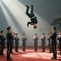 kim jong un doing cartwheel while generals are applauding